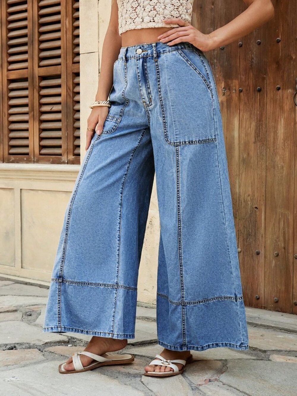 Light Wash Casual Women's Denim Wide-Leg Boho Vacation Pants - Picture 6 of 7